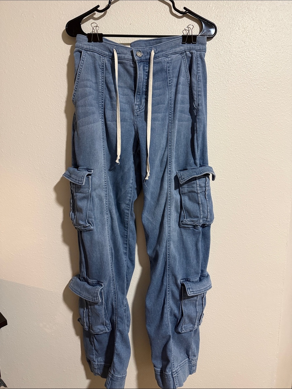 Casual Blue Wide-Leg Cargo Jeans with Drawstring Waist